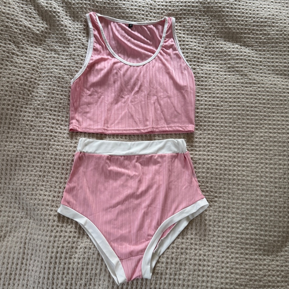 SHEIN Pink and White Ribbed Pajama Set
